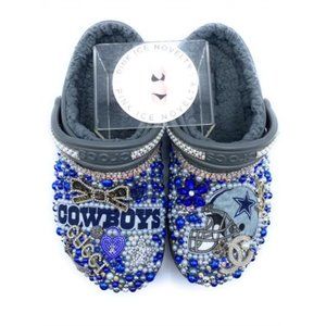 Grey Fleece Blue Silver Cowboy Full Bling Clogs Adult Size 9